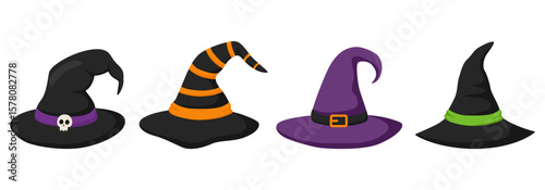Vector set of colorful witch hats decorated with skulls, buckles, and ribbons. Halloween festive designs