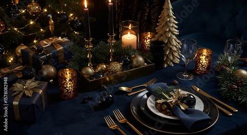 Opulent Midnight Christmas Table Setting: Gold & Black Elegance