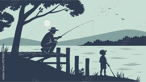 Grandfather and Grandson Fishing – Peaceful Lake Dock Silhouette for Summer SVG & Wall Prints