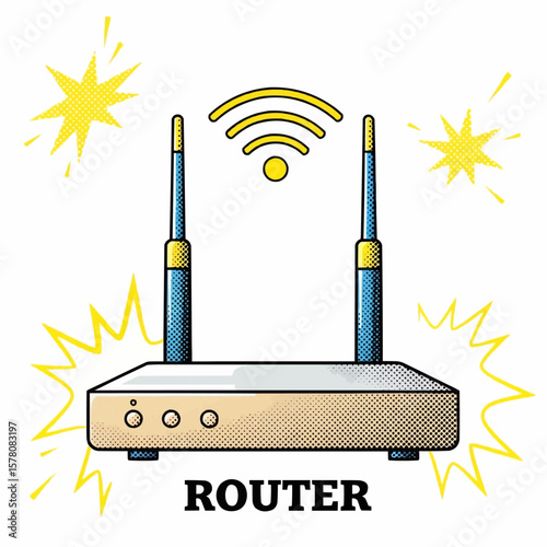 Pop Art Router with Wireless Signal Halftone: A High-Contrast Black, White, and Yellow Illustration of a Stylized Router, Antennas with Yellow Accents, and a "ROUTER" Text
