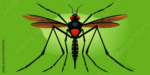 illustration of a mosquito from above, its main anatomy with a black body, reddish eyes, and brownish-orange wings, on a bright green background.
