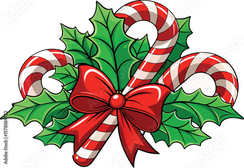 Christmas Candy Canes with Holly and Red Bow