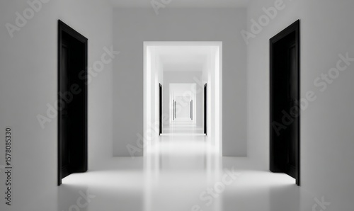 Long White Hallway with Open and Closed Black Doors