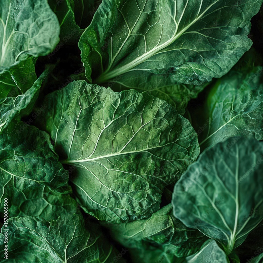 Fototapeta premium closeup of collard greens with broad leaves and rich green color, macro Southern vegetable photography, soft natural light