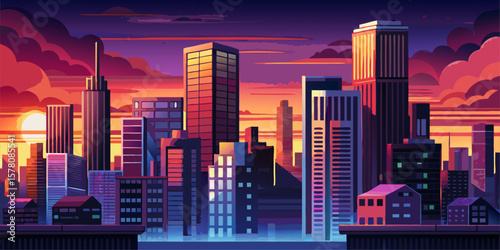 Flat illustration of a metropolis at dusk, skyscraper skyline, dramatic sky with warm and cool tones, subtle glow from city lights, clean lines, vector art
