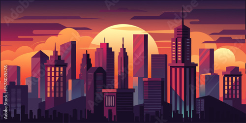 Flat illustration of a metropolis at dusk, skyscraper skyline, dramatic sky with warm and cool tones, subtle glow from city lights, clean lines, vector art