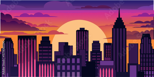 Flat illustration of a metropolis at dusk, skyscraper skyline, dramatic sky with warm and cool tones, subtle glow from city lights, clean lines, vector art
