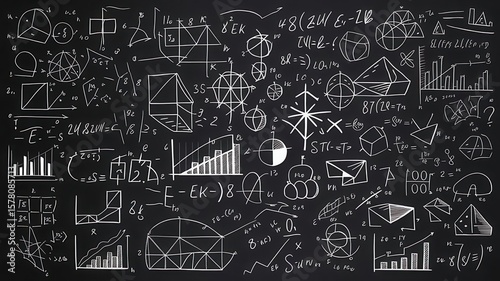 Complex mathematical formulas and geometric shapes chalkboard background