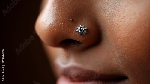 Delicate silver Pakistani nose pin floral engraving and tiny gemstone macro fashion detail bridal ornament on clear skin tone background