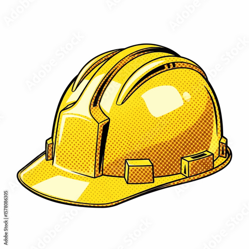 Pop Art Yellow Hard Hat Halftone: A Bold Graphic Novel Illustration of a Reflective Construction Hat with Distinct Ridges and Rectangular Vents
