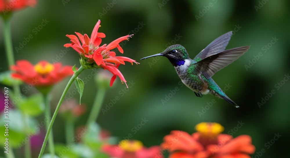 Fototapeta premium Vibrant Hummingbird in Flight, Nectar-Seeking Amidst Red Zinnia Blooms