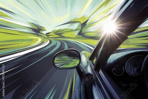 Dynamic journey, vibrant landscape view from car driving through countryside