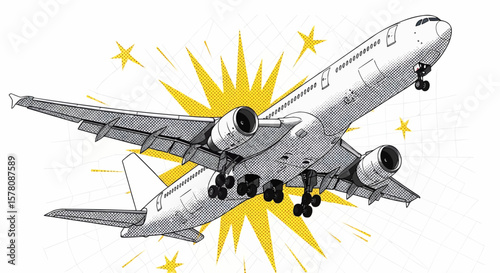 Pop Art Wide-Body Airplane with Extended Landing Gear: A Bold Graphic Illustration of a Modern Jet with Subtle Black and Yellow Accents and a Dynamic Starburst Background
