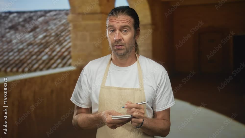 Man with apron and long hair writing on notepad with pen and visible hand near stone archway in building; contemplation. Man with apron and long hair writing on notepad with pen and visible hand near stone archway in building; contemplation.
