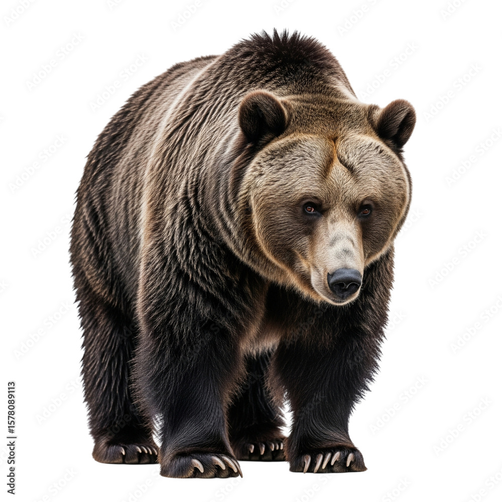 Fototapeta premium A wild, furry brown bear cub, a dangerous ursus arctos mammal, isolated on white