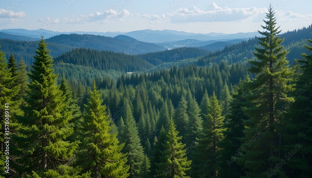Obraz premium Clear fir forest in summer with lush green trees, sun-dappled trails, peaceful nature paths, and fresh mountain air—perfect scenic woodland escape for outdoor lovers.