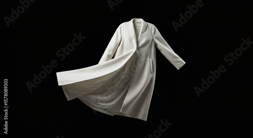 Elegant White Coat Floating on Black Background in Studio Lighting