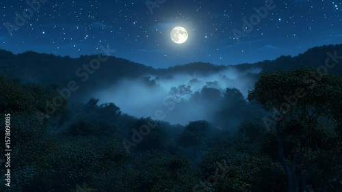 Enchanting nocturnal scene with a brilliant full moon and countless stars over dark, misty hills
