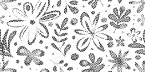 Vector plant background, flowers and leaves,, halftone dots, fading dot effect, black isolated on white background
