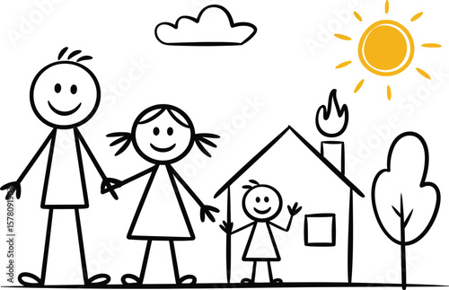 Stick Figure Family Home: Happy Parents, Child, House, Sun, and Tree.

