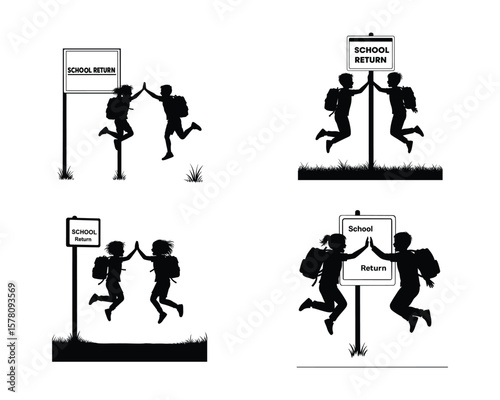 Kids jumping and high-fiving near school signboard, silhouette vector of joyful students