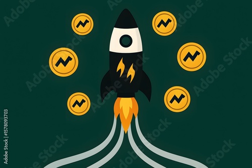 Rocket Launching with Digital Currency Coins on Dark Green Background Illustration