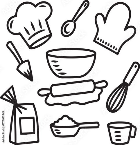 Chef hat rolling pin whisk bowl measuring cup spoon bag of flour scoop of flour oven mitt baking cooking