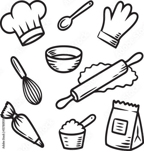Chef hat rolling pin whisk bowl spoon oven mitt piping bag flour scoop bag vector