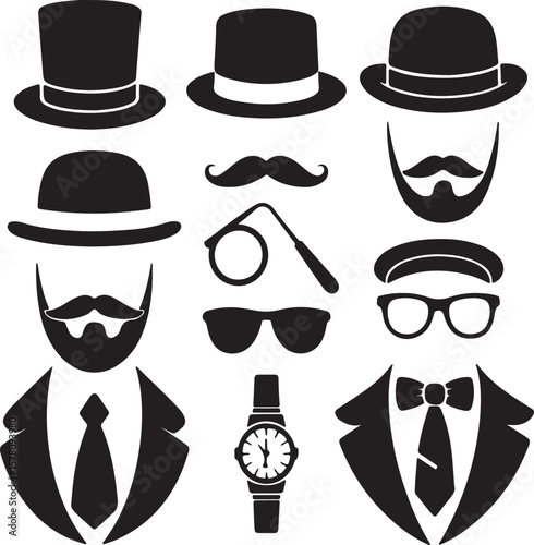 Gentleman accessories including hats mustaches beards glasses suits and watches top hat bowler hat