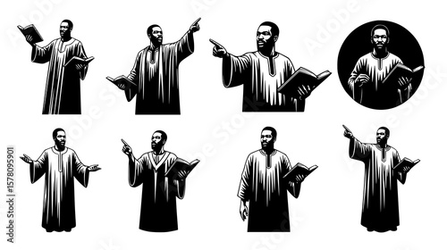 Silhouettes of men in robes holding books and pointing, isolated on white background