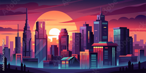 Illustration of a metropolitan city at dusk, skyline of skyscrapers, dramatic sky with warm and cool tones, subtle glow from city lights, clean lines, vector art
