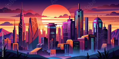 Illustration of a metropolitan city at dusk, skyline of skyscrapers, dramatic sky with warm and cool tones, subtle glow from city lights, clean lines, vector art
