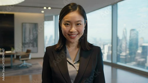 Smiling businesswoman in a modern office setting, looking directly at the camera.