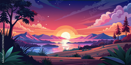 A stunning sunset paints the sky with gradations of color reflecting perfectly on the surface of the calm lake, surrounded by the silhouettes of towering mountains and peaceful trees.