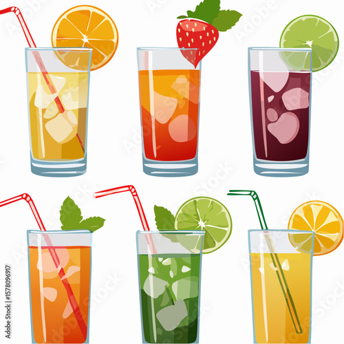 A bar menu cocktail in a highball glass, with a refreshing, colorful garnish on a plain white background 
