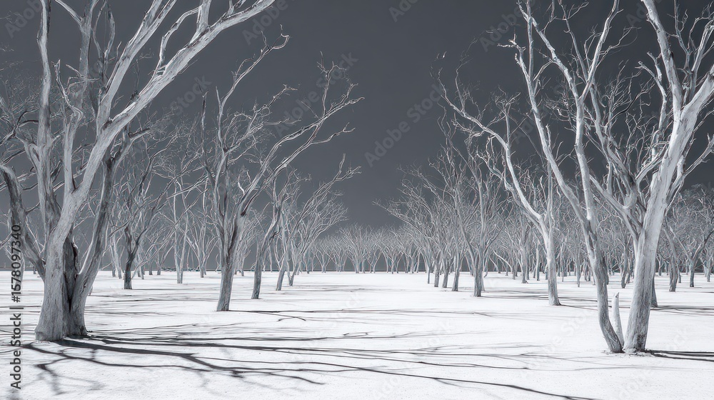 Fototapeta Gray, barren landscape with dead trees