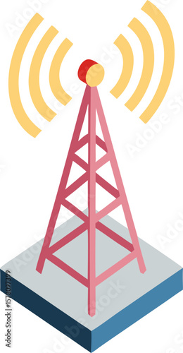 Isometric cell tower with signal waves, telecom infrastructure with white background.