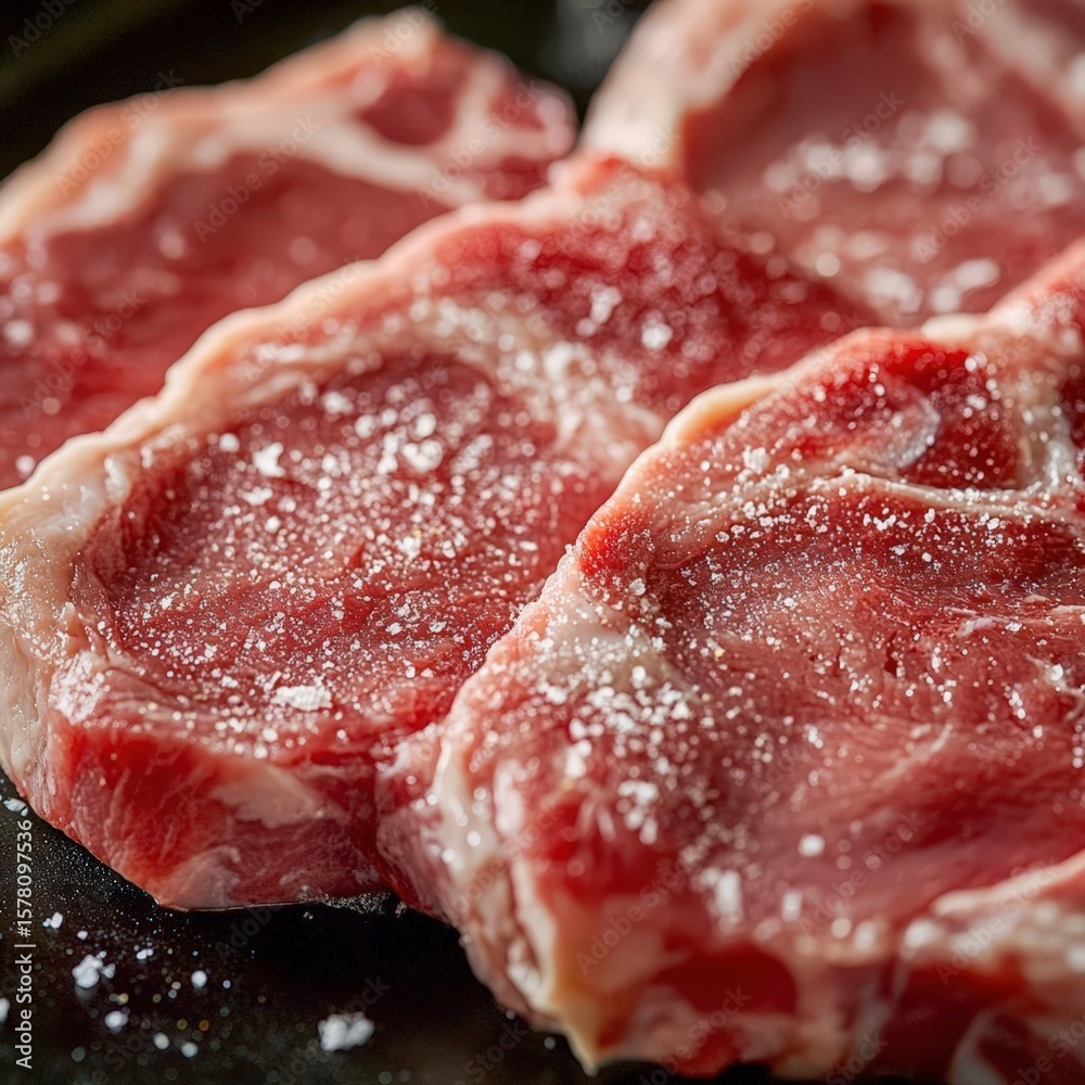 Obraz premium closeup of veal cutlets with pale pink texture, macro delicate meat photography
