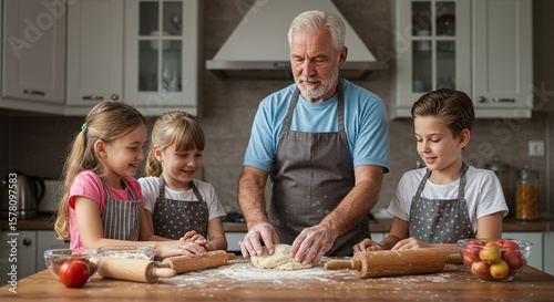 Grandfather Cooking with Three Children in Modern Kitchen During Family Baking Activity