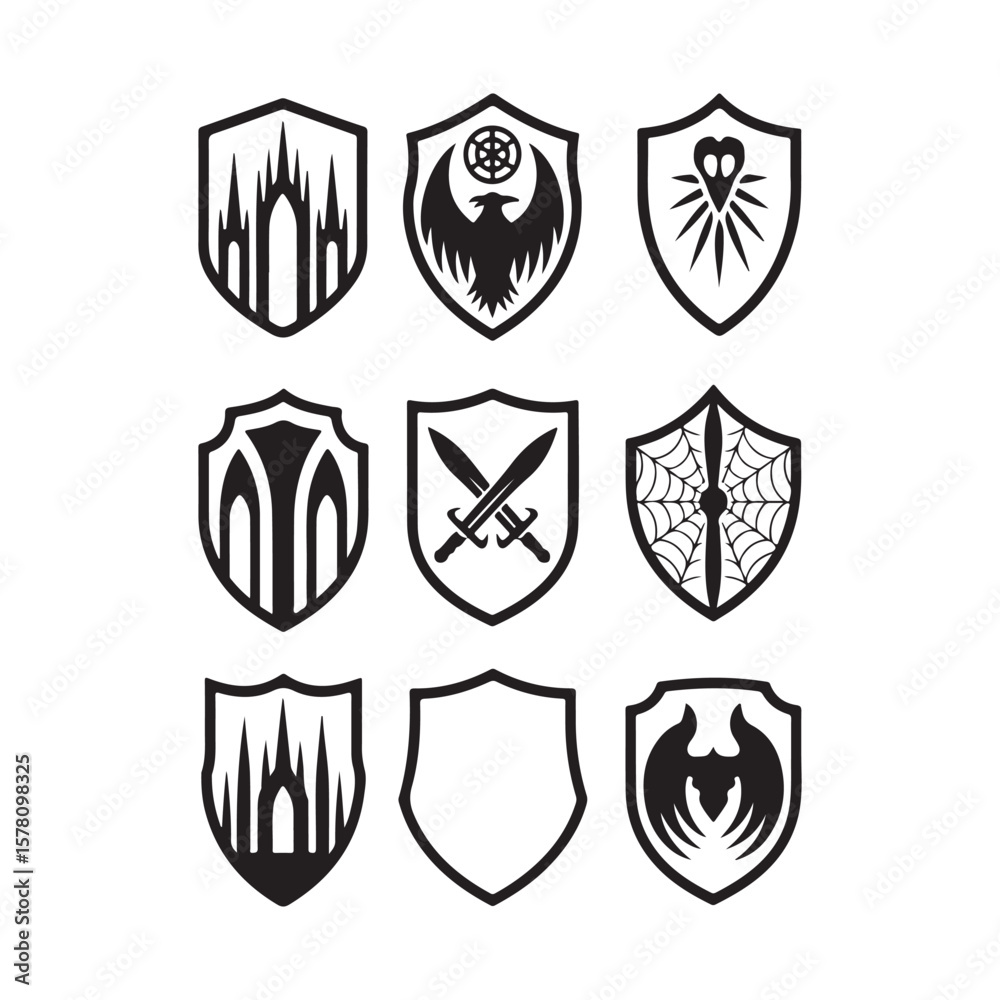 Obraz premium Collection of nine stylized shields with various symbols isolated on white background