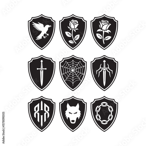 Collection of nine heraldic shield emblems with diverse symbols isolated on white background