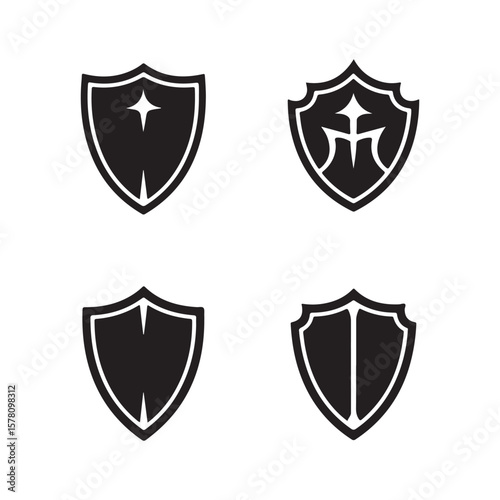 Collection of four black shield icons with different designs isolated on white background