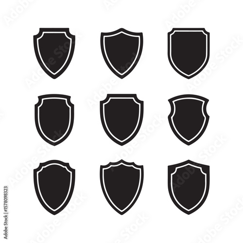 Collection of nine shield icons with black fill and white outline isolated on white background