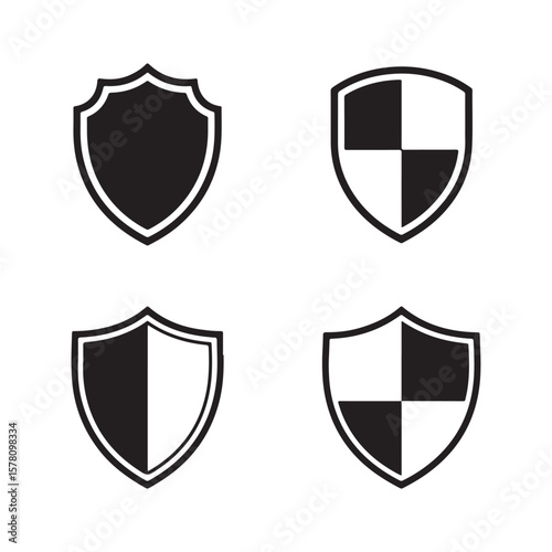 Collection of shield icons with black and white designs isolated on white background