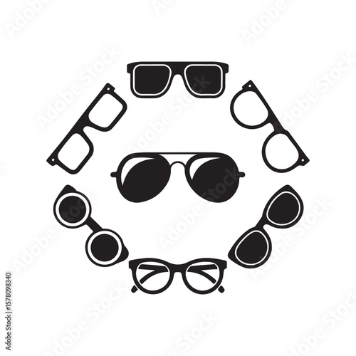 Diverse eyewear silhouettes arranged in a circle isolated on white background