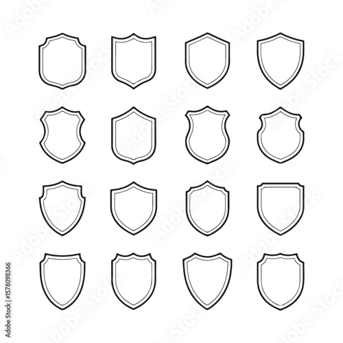 Collection of sixteen shield emblems with outline borders isolated on white background