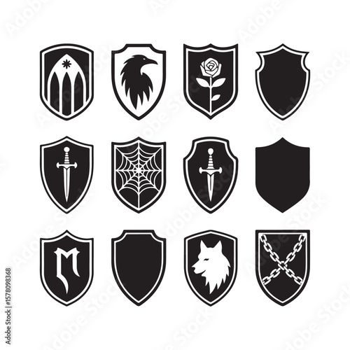 Collection of twelve medieval heraldic shields with various symbols isolated on white background