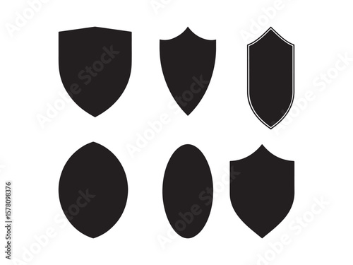Collection of six black shield and oval shapes isolated on white background