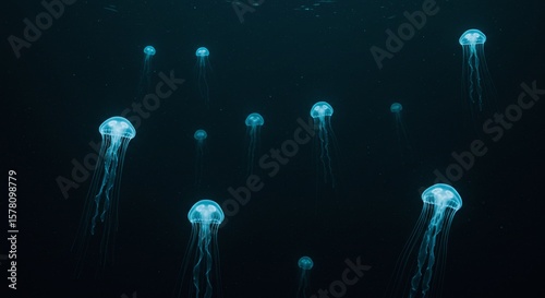 Blue Bioluminescent Jellyfish Floating in Dark Ocean Water
