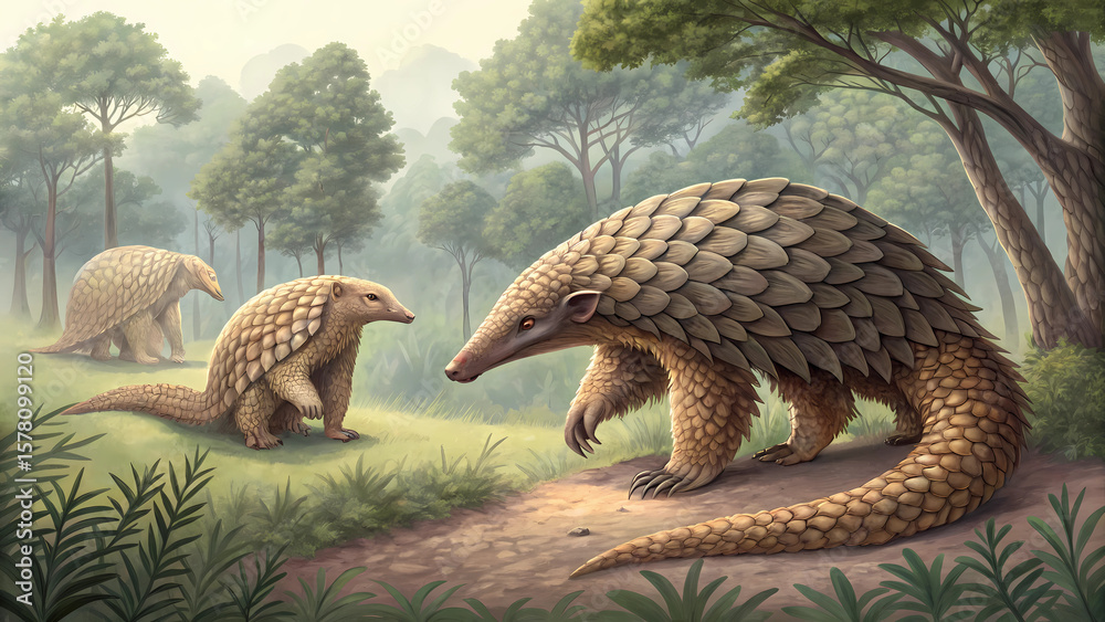 Obraz premium Exploring the pangolin habitat: a family of scaly anteaters in their natural forest environment scene